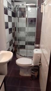 a bathroom with a shower and a toilet and a sink at Guest House Bulgari in Kazanlŭk