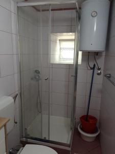 a bathroom with a shower with a toilet and a window at Guesthouse Palma in Mali Lošinj +37 photos