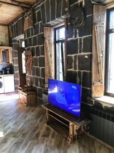 a tv sitting on a table in a room with a stone wall at Old Gyumri Guest House / Հին Գյումրի հյուրատուն in Gyumri