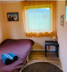 una piccola camera da letto con un letto e una finestra di Žalioji stotelė butiko namukas dviems a Anykščiai