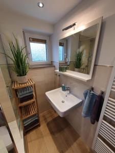 ein Bad mit einem Waschbecken und einem Spiegel in der Unterkunft Kleine Sonne in Grömitz