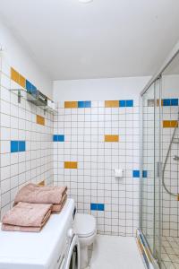 a bathroom with a toilet and a shower at Vienības Studio in Jūrmala
