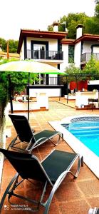 een loungestoel met een parasol naast een zwembad bij La Pineda Calafell in Segur de Calafell