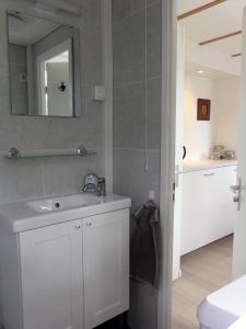 een badkamer met een witte wastafel en een spiegel bij Tiny house Appelvinkje, huisje met bedstee in bosrijke omgeving in Oisterwijk