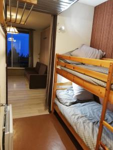 a room with a bunk bed and a living room at Studio LUPIN Eyne pied de pistes in Eyne