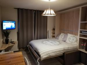 a small bedroom with a bed and a television at Studio LUPIN Eyne pied de pistes in Eyne