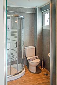 een badkamer met toilet en glazen douche bij Aelia Luxury Apartments in Nikiti +50 foto's