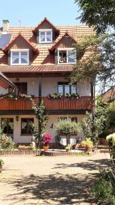 a house with a balcony with a dog in the window at Galerie Ueber den Gaerten in Herbolzheim