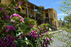 una casa con flores púrpuras delante de ella en Posada Biarritz, en Canelones