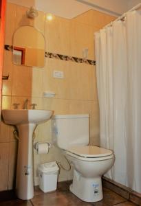 La salle de bains est pourvue de toilettes blanches et d'un lavabo. dans l'établissement HOSTAL LA PLAZA IRUYA, à Iruya