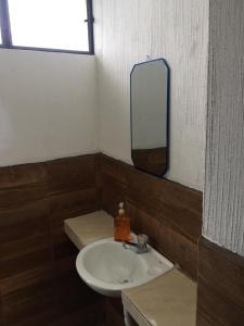 a bathroom with a sink and a mirror at Hotel Villa del Lago in San Pedro La Laguna