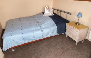 a bedroom with a bed with a blue comforter and a night stand at Nice Home In Wasungen With Wifi in Wasungen +3 photos