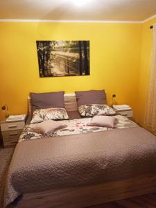 a bedroom with a large bed with a yellow wall at apartman NOA in Fužine