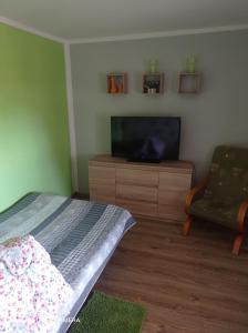 a bedroom with a bed and a tv and a chair at Pokój w domku na mazurach ROGALE in Stare Juchy