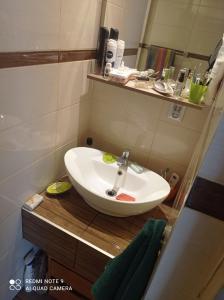 a bathroom with a sink and a mirror at Pokój w domku na mazurach ROGALE in Stare Juchy