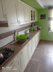 una cocina con paredes verdes, armarios blancos y fregadero en Pokój w domku na mazurach ROGALE, en Stare Juchy