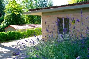 a brick house with purple flowers in front of it at Camping Siena Colleverde in Siena