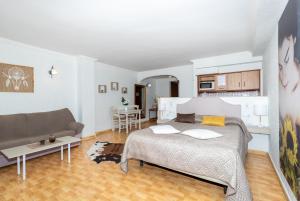 Unique Hotel Apartments في توريفايجا: غرفة نوم وغرفة معيشة مع سرير وأريكة