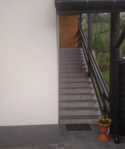 una escalera que conduce a un edificio con una maceta de flores en U Beaty, niezależne mieszkania do wynajęcia, en Ochotnica Górna