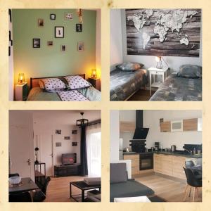 a collage of four pictures of a bedroom at Normandie Sword Beach in Hermanville-sur-Mer