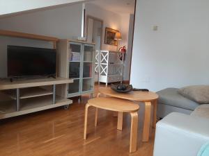 a living room with a couch and a table and a tv at Ático La Plaza in Arriondas