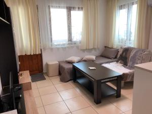 a living room with a couch and a coffee table at Gloria Holiday House in Nesebar