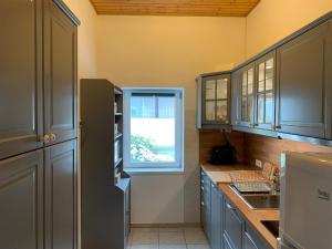 a kitchen with blue cabinets and a window at Greenapple Apartman Badacsony in Badacsonytördemic