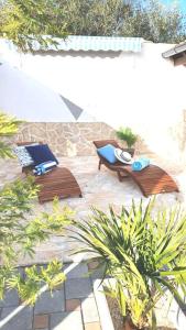 two benches sitting on a patio with plants at Skalinada in Vir
