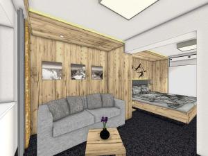 Zeichnung eines Wohnzimmers mit einem Sofa und einem Bett in der Unterkunft Alpin Panoramahotel Lärchenhof in Heiligenblut