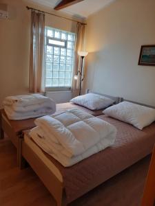 two beds in a bedroom with a window at Pensjonat Cichy Kącik in Kąty Rybackie