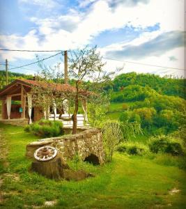 a stone house in a field with a tree at Agriturismo Borghetto la radice in Roccaverano