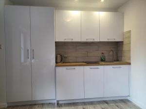 una cocina blanca con armarios blancos en Pensjonat Amber, en Pobierowo