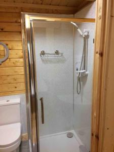 a shower with a glass door in a bathroom at Immaculate Cabin 5 mins to Inverness Dog friendly in Inverness