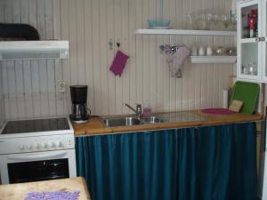 a kitchen with a sink, stove, and microwave at Møyrud Inn in Ottestad