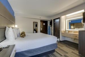 a hotel room with a large bed and a bathroom at Alexis Inn and Suites Hotel in Nashville