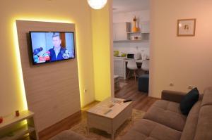 a living room with a couch and a television on a wall at Lux Apartmani in Kladovo