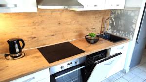 a kitchen with a wooden counter top and a sink at Apartments Riba in Vis