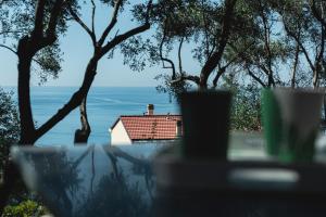 a view of the ocean from a table with a house at Cà del Mago in Lerici