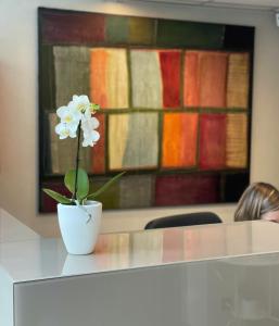 a white flower in a vase sitting on a counter at SM Hotel Sant Antoni in Barcelona