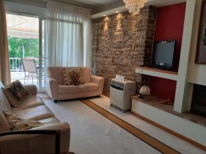 sala de estar con sofá, TV y chimenea en Palio Villa en PalaiónTsiflíkion