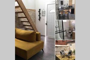 a living room with a yellow couch and a kitchen at Maison proche centre-ville in Dijon