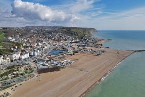 an aerial view of a beach and the ocean at Master accommodation suite 9 single room With roof top views in Hastings