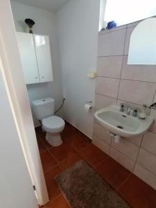 a bathroom with a toilet and a sink at Domek Stary Bar in Piecki