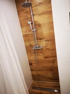 a shower in a bathroom with a wooden floor at Dom letniskowy Bajka in Rowy
