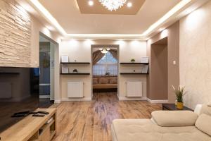 a living room with a couch and a table at Cork Apartman in Eger