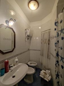 W łazience znajduje się umywalka, toaleta i lustro. w obiekcie Little Anema & Core w mieście Castellammare di Stabia