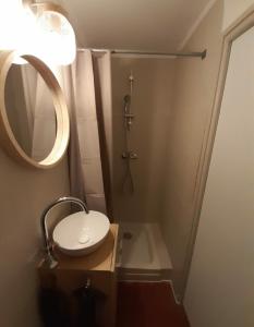 a bathroom with a sink and a shower with a mirror at Le Quatrième - Avignon Intramuros in Avignon