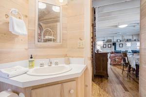a bathroom with a sink and a mirror at Anna's Cottage in Saugatuck +25 photos