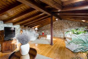 sala de estar con pared de piedra en El Patio de Valentina, en Navacerrada