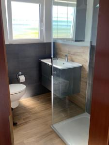 a bathroom with a sink and a toilet at Fewo Moselblick in Traben-Trarbach +10 photos